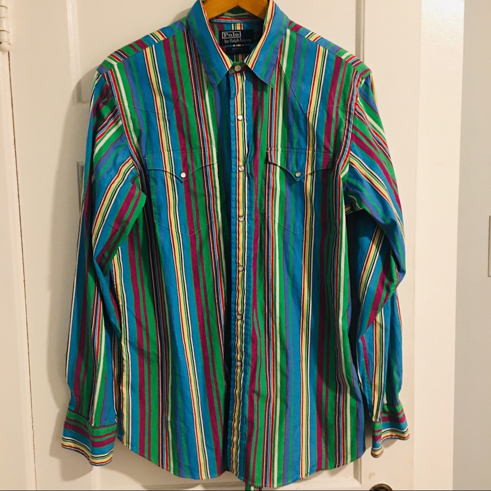 Polo Ralph Lauren Sz L Western Shirt Striped Snaps